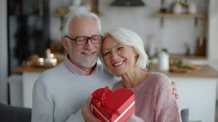 Joyful Senior Couple Celebrating Love with Romantic Gift in Cozy Home Setting