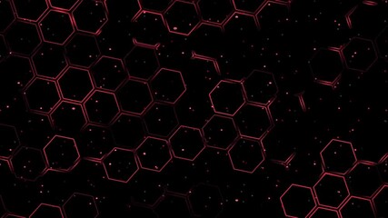 A dynamic abstract hexagonal pattern with glowing red outlines on a dark background, suggesting data flow, networking, or futuristic technology. Ideal for high-tech and cyber themes. - Powered by Adobe