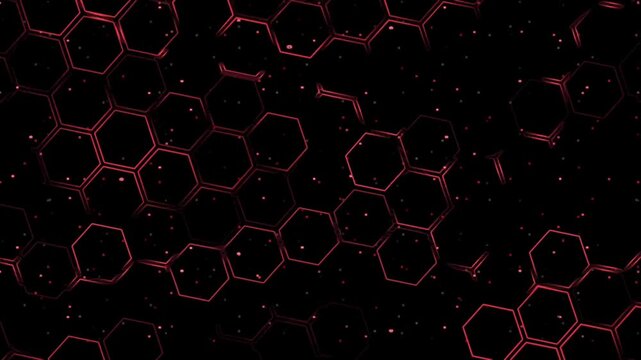 A dynamic abstract hexagonal pattern with glowing red outlines on a dark background, suggesting data flow, networking, or futuristic technology. Ideal for high-tech and cyber themes. - Powered by Adobe