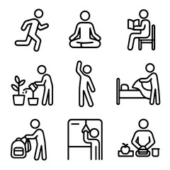Morning Routine Icons. Outline icon set of morning activities: jogging, meditation, reading book, watering plants, stretching,