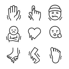 Frozen Sensation Icons. Outline icon set of numb sensation: frozen hand, icy finger, frostbite, cold face, shivering body, frozen