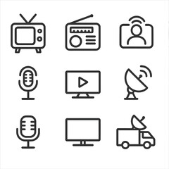 Broadcast Media Icons. Outline icon set of broadcast media: television, radio, live news, podcast, streaming service, satellite,