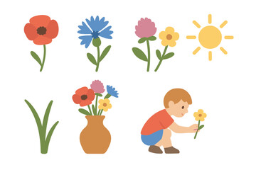 Wildflower Meadow Icons. Flat vector mini-illustrations wildflower meadow vase in colors children's illustrations: poppy,