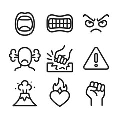 Fototapeta premium Fury Icon Set. Outline icon set of fury and anger: shouting mouth, clenched teeth, angry eyes, steam from ears, smashed object,