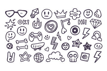 Set of hand-drawn punk rock and skater doodles. Youth culture graffiti-style icons including skull, lightning bolt, and peace signs for stickers and t-shirt prints.