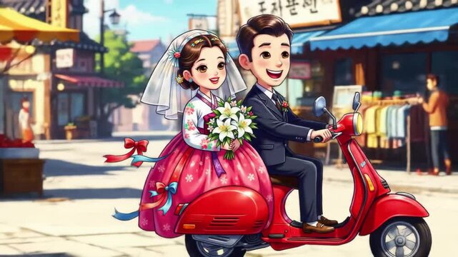 Korean wedding couple on a scooter, traditional dress and happiness