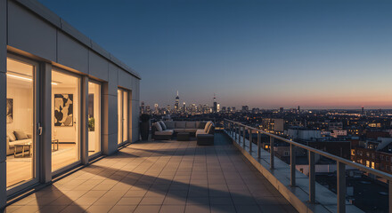 Cityscape rooftop terrace penthouse apartment at twilight with skyline view and outdoor furniture