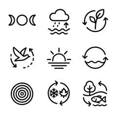 Natural Cycles Icons. Outline icon set of natural cycles: moon phases, water cycle, leaf growth, migration path, sunrise icon,