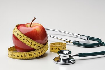 A red apple with a measuring tape wrapped around it, symbolizing diet and health, next to a stethoscope, representing medical care and wellness, isolated on white background