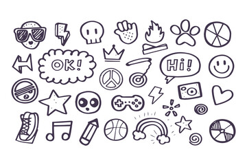Set of hand-drawn punk rock and skater doodles. Youth culture graffiti-style icons including skull, lightning bolt, and peace signs for stickers and t-shirt prints.