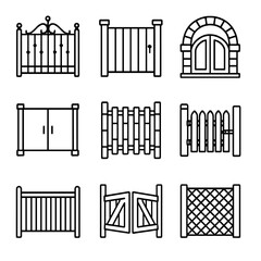 Obraz premium Gate Styles Icons. Outline icon set of gate styles and materials: wrought iron gate, wooden plank gate, stone arch gate, modern