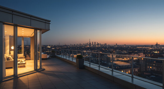 Luxury penthouse apartment with city view at twilight from balcony interior design and architecture