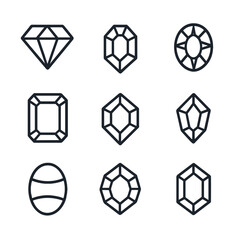 Gem Outline Icons. Outline icon set of gem types: diamond, ruby, sapphire, emerald, amethyst, topaz, opal, garnet, aquamarine.