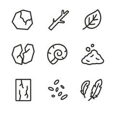 Nature Fragments Icons. Outline icon set of natural fragments: cracked rock, broken twig, fallen leaf, split ice, fractured shell,
