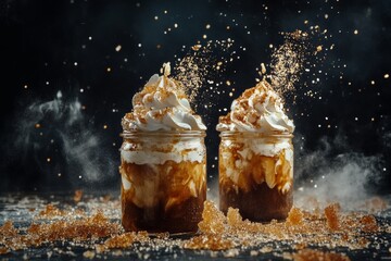 Exquisite caramel topped iced coffee in mason jars with whipped cream