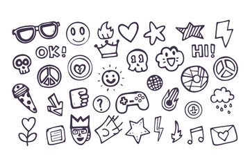 Set of hand-drawn punk rock and skater doodles. Youth culture graffiti-style icons including skull, lightning bolt, and peace signs for stickers and t-shirt prints.