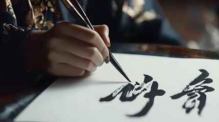 Ink painting depicts a hand writing Chinese characters on a white paper with a brush and ink.