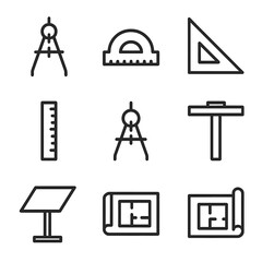 Geometric Tools Icons. Outline icon set of rigid geometric tools: compass, protractor, square, ruler, set square, divider,