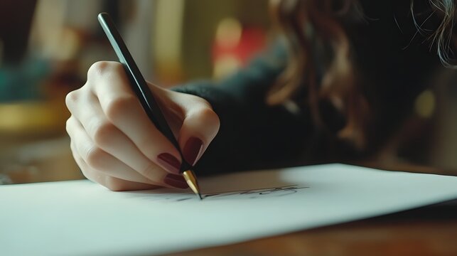 Photograph of a hand writing on a white sheet of paper with a dark pencil.
