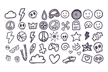Set of hand-drawn punk rock and skater doodles. Youth culture graffiti-style icons including skull, lightning bolt, and peace signs for stickers and t-shirt prints.