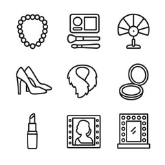 Golden Era Icons. Outline icon set of golden era actresses: pearl necklace, vintage makeup kit, stage fan, high heels, fur stole,