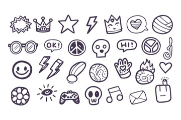 Set of hand-drawn punk rock and skater doodles. Youth culture graffiti-style icons including skull, lightning bolt, and peace signs for stickers and t-shirt prints.