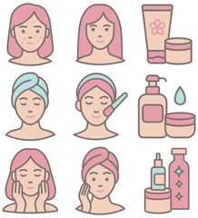 Set of flat vector icons on skincare: acne treatment, facial cleansing, moisturizing, beauty routine, cosmetics. Minimal, clean, soft pastel colors, perfect for self-care and dermatology themes.