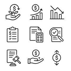 Business Cycle Icons. Outline icon set of business financial cycle: investment, profit, loss, budgeting, accounting, audit, tax,