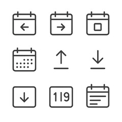 Calendar Icon Set. Outline icon set of calendar navigation: previous month, next month, today button, jump to date, scroll up,
