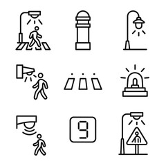 Pedestrian Safety Icon Set. Outline icon set of pedestrian safety lighting: crosswalk illumination, bollard light, pathway lamp,
