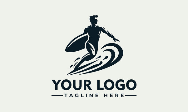 Stylish silhouette logo of a surfer riding a wave, ideal for a surf brand or related business.