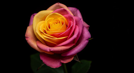 Close-up of a vibrant, two-toned rose with a gradient of pink and yellow, against a black background.
