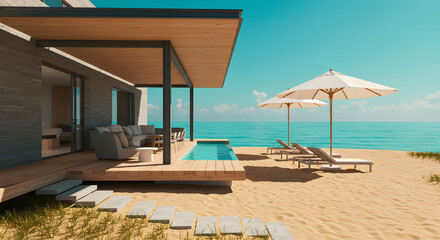 Obraz premium Beach house ocean view luxury villa with pool and umbrellas for summer vacation travel destination