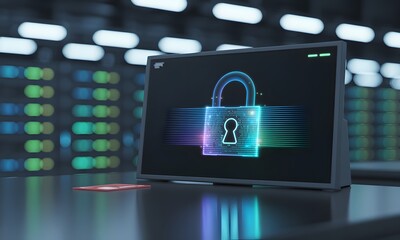 Cybersecurity concept with digital lock icon on modern monitor in server room setting