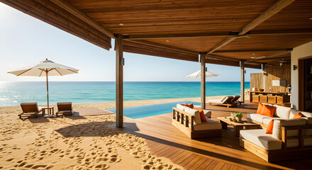 Obraz premium Beachfront villa ocean view resort luxury travel destination vacation getaway paradise relaxation spot