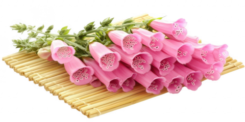 Pink foxgloves on bamboo mat on transparent png background