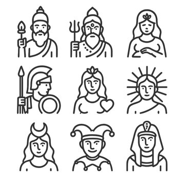 Polytheistic Pantheon Icons. Outline icon set of polytheistic pantheon: creator god, destroyer god, fertility goddess, war god,