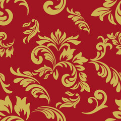 Red and gold damask pattern. This image shows a seamless, repeating ornamental design with a classic and luxurious feel. Perfect for use in textiles, wallpapers, packaging, and digital design.