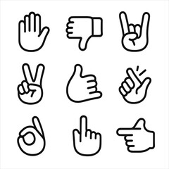 Obraz premium Hand Signal Icons. Outline icon set of hand signals: stop hand, thumbs down, rock sign, peace gesture, call me hand, finger snap,