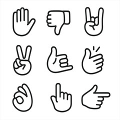 Hand Signal Icons. Outline icon set of hand signals: stop hand, thumbs down, rock sign, peace gesture, call me hand, finger snap,