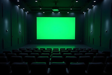 Obraz premium Empty Theater with Green Screen and Rows of Seats for Presentation