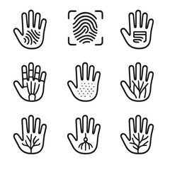 Obraz premium Handprint Icon Collection. Outline icon set of handprint in medicine and biology: dermatoglyphics, fingerprint analysis, palm vein