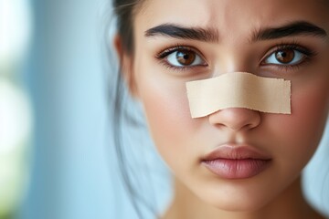 Young woman with a bandage under her eyes looking seriously into the camera