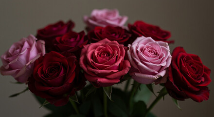 Obraz premium A close-up shot of a bouquet of vibrant roses, showcasing their delicate petals and rich colors.
