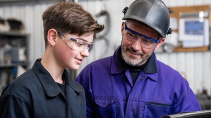 Experienced engineer teaching young apprentice in workshop
