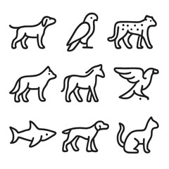 Pursuit Animal Icons. Outline icon set of pursuit animals: hunting dog, falcon, cheetah, wolf, horse, eagle, shark, hound, cat.