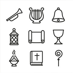 Heavenly Tools Icons. Outline icon set of heaven tools: trumpet, lyre, bell, lantern, scroll, chalice, incense burner, book, staff