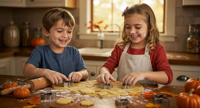Children enjoy baking cookies in a cozy kitchen during autumn season while surrounded by decorations