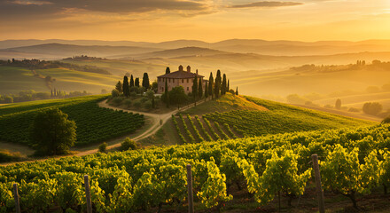 Tuscany vineyard landscape italian countryside hills sunset scenic view wine region travel destination villa