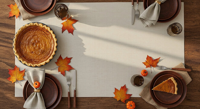 Festive Thanksgiving table setting with pumpkin pie, autumn leaves, and detailed tableware